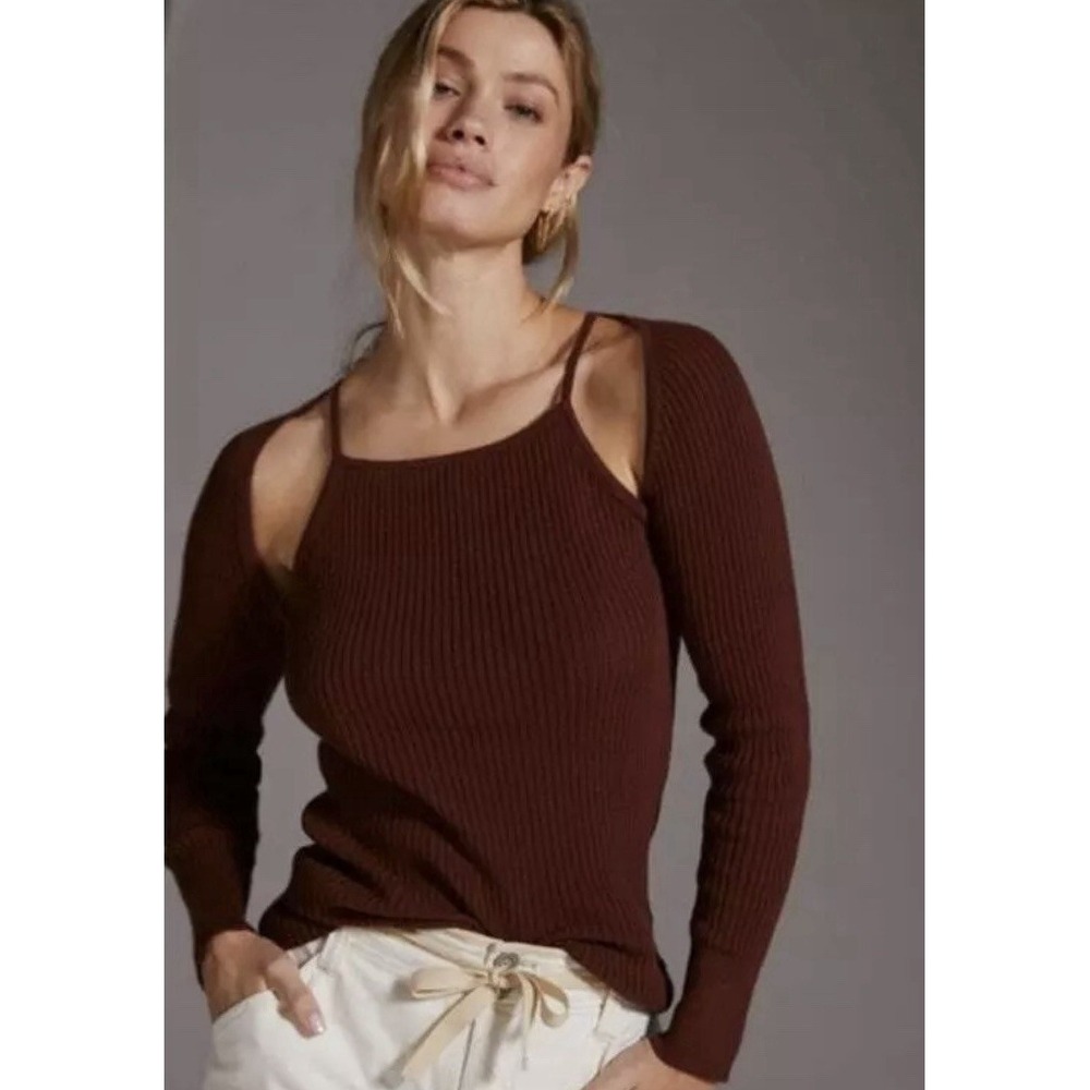 Anthropologie Brown‎ Ribbed Cut-Out Sweater Size Small